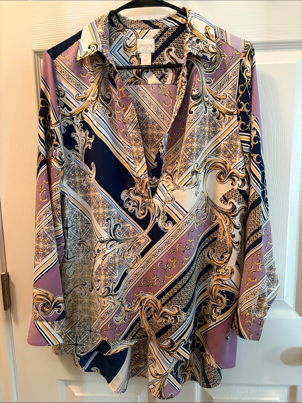 Chico's Lavender, Navy & Gold Baroque-Print Blouse